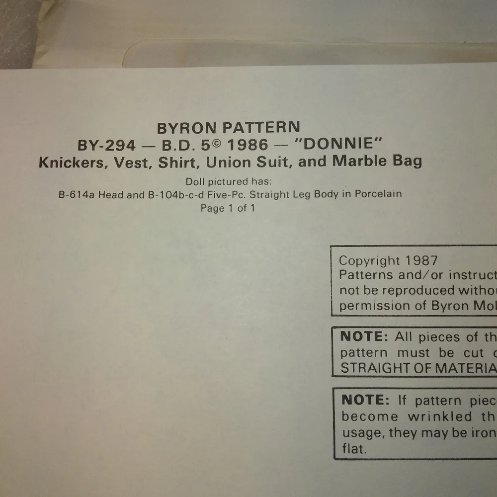 Byron Doll, Donnie clothing Pattern, new uncut, fits 14